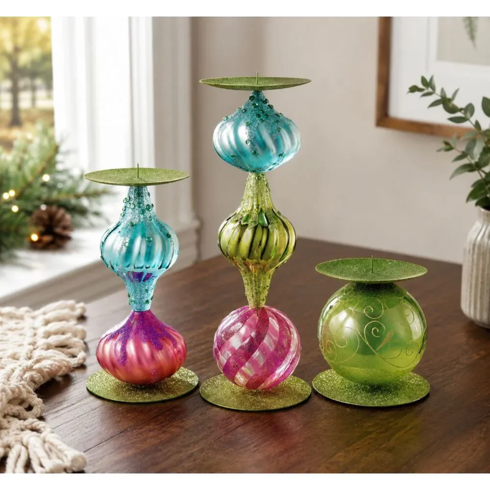 Member's Mark 3 Piece Shatterproof Candle Holders Glitter Christmas Decor NIB